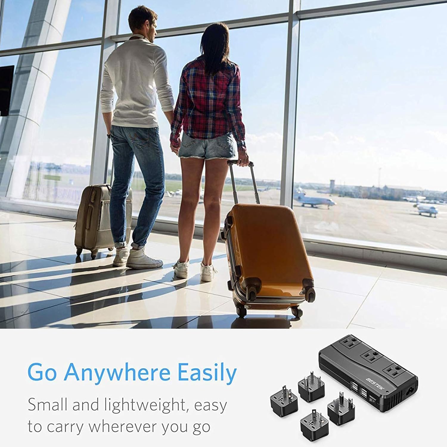 BESTEK 250W travel voltage converter — travellers at an airport with converter kit inset
