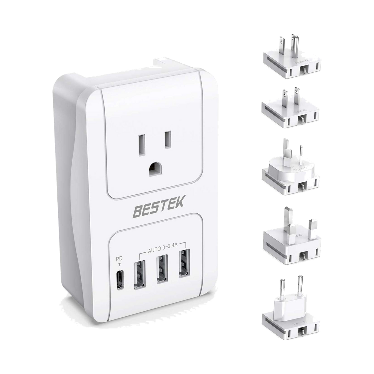 White BESTEK international travel adapter with AC outlet, USB ports and interchangeable plugs