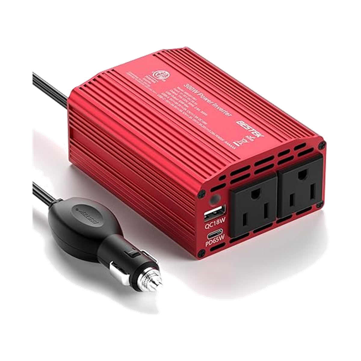 Red BESTEK 300W car inverter with two AC outlets, USB-C and USB-A ports, and vehicle plug