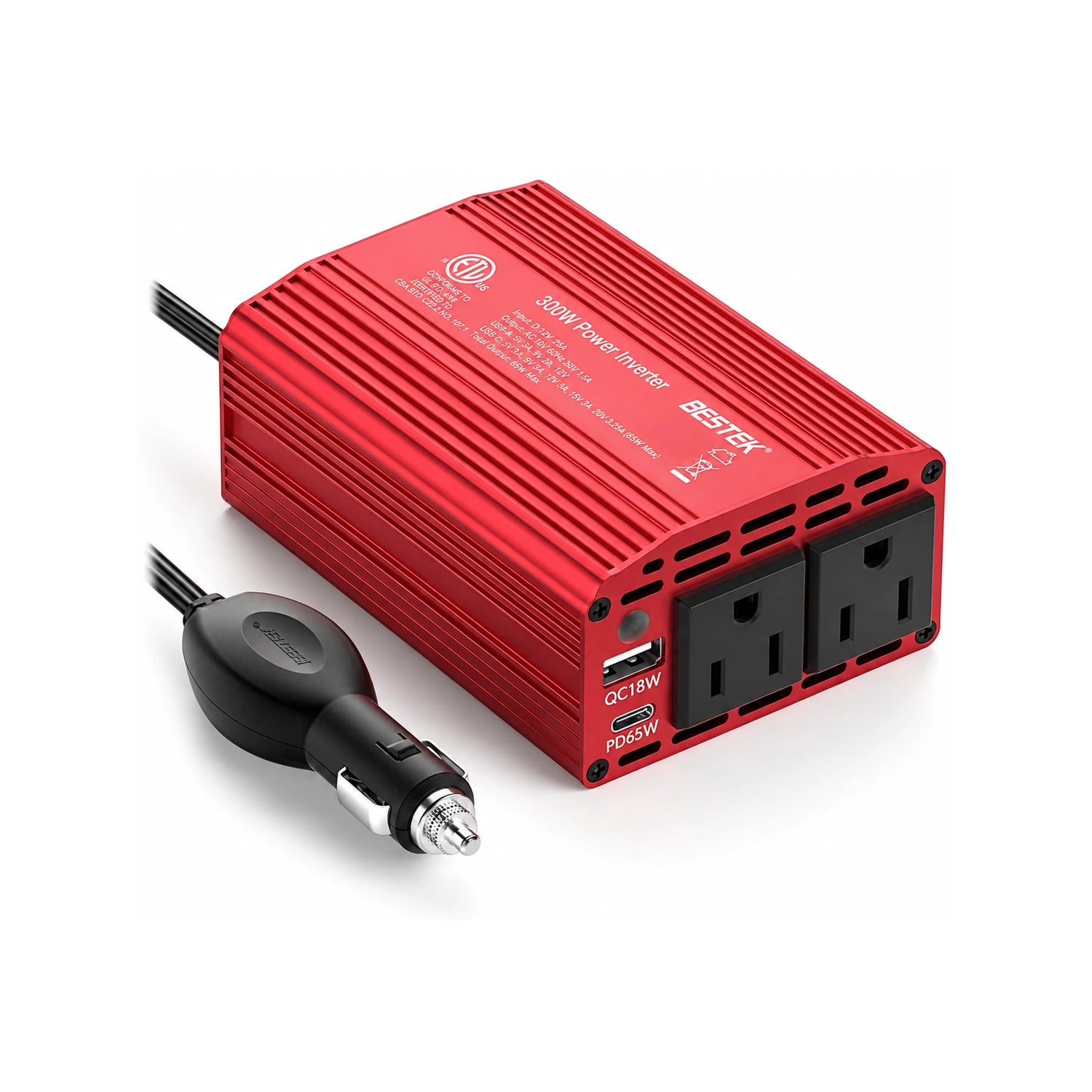 BESTEK 300W Car Power Inverter with 65W USB-C and QC3.0 Ports - 12V DC to 110V AC Converter - alternate rear product view
