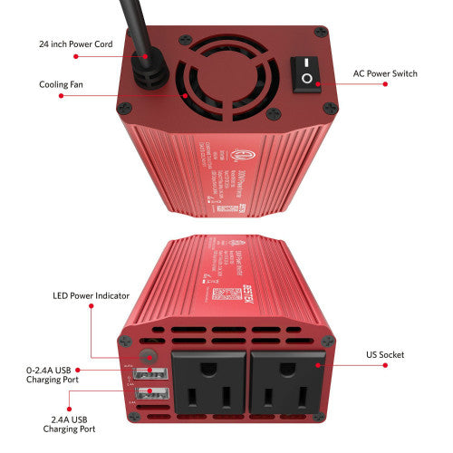 BESTEK 300W inverter — labeled front and rear controls and charging ports