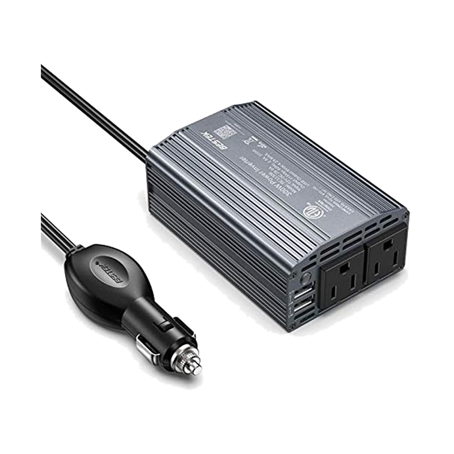 Gray BESTEK 300W car inverter with two AC outlets, USB ports and cigarette-lighter lead