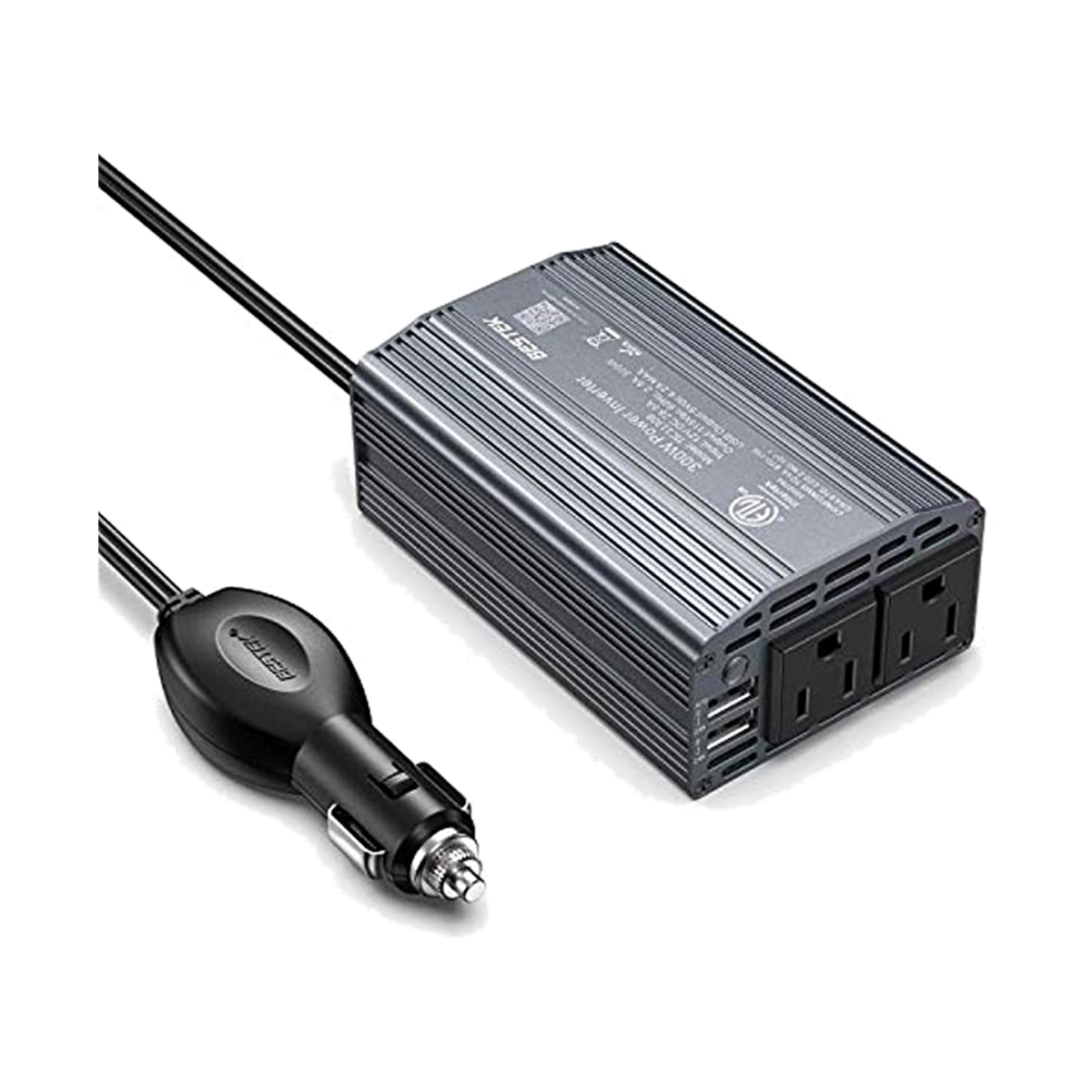 Gray BESTEK 300W car inverter with two AC outlets, USB ports and cigarette-lighter lead
