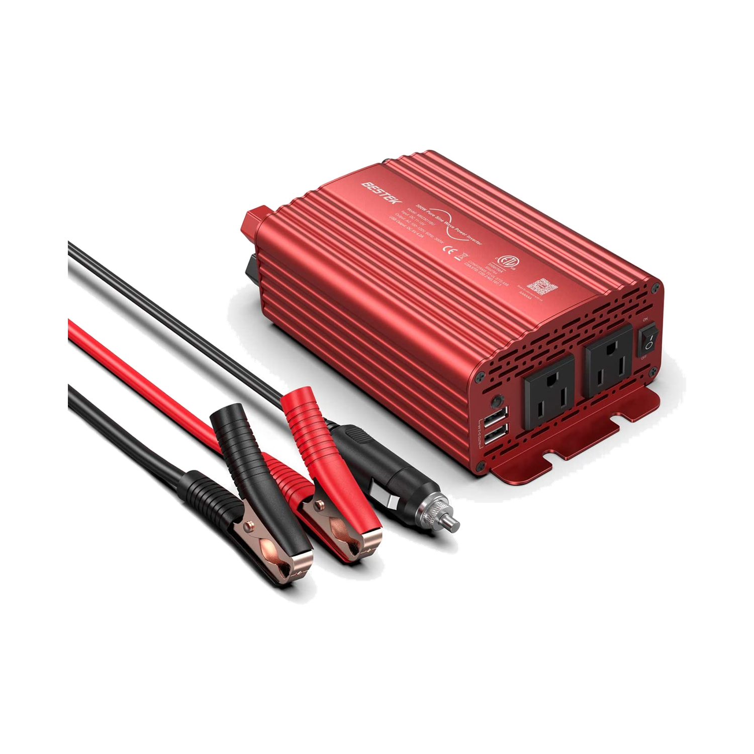 Red BESTEK 300W pure sine wave inverter beside battery clamps and cigarette-lighter lead