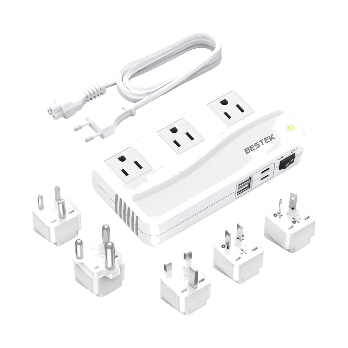 White BESTEK 300W travel voltage converter with AC outlets, USB ports, cord and plug kit