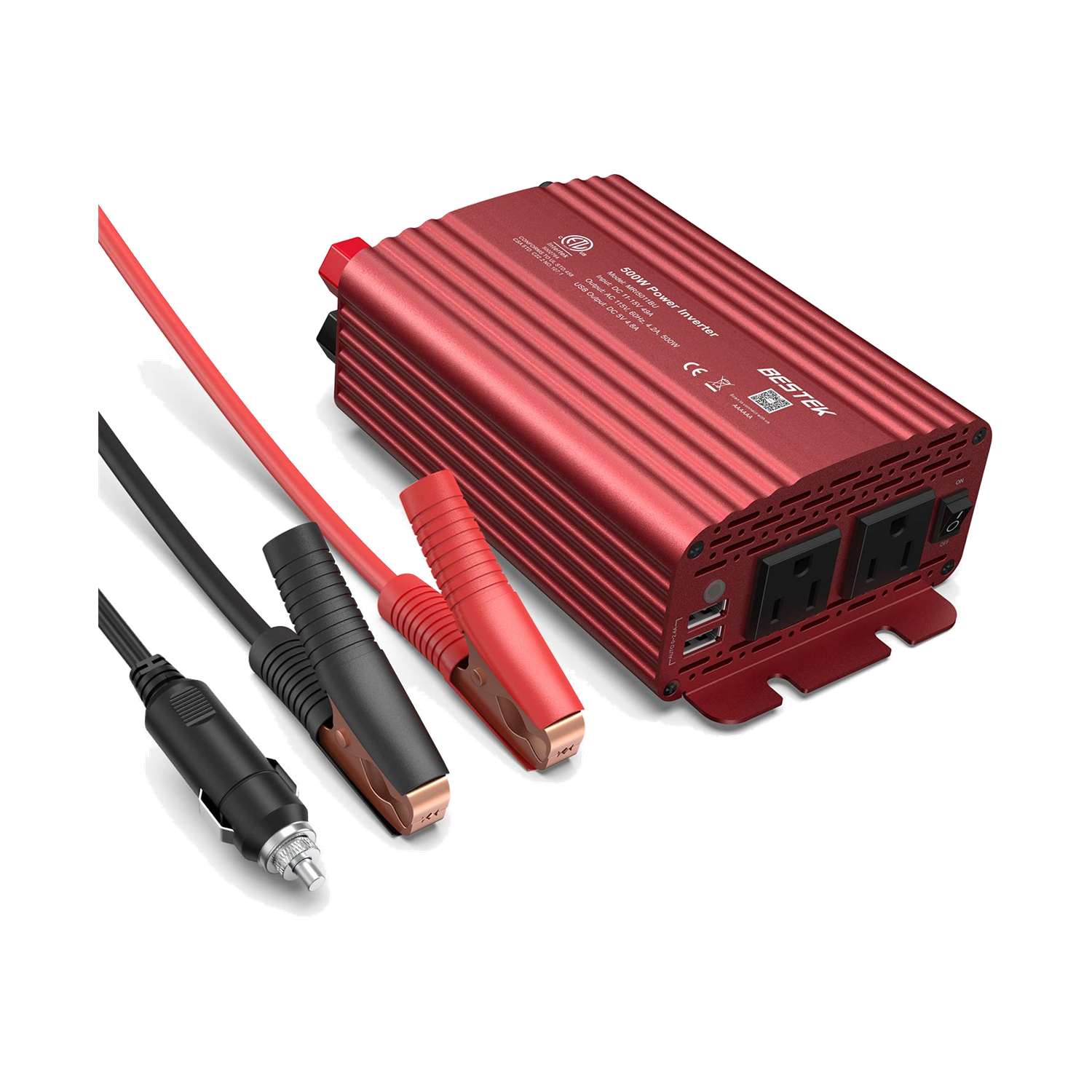 Red BESTEK 500W car inverter beside battery clamps and cigarette-lighter power lead