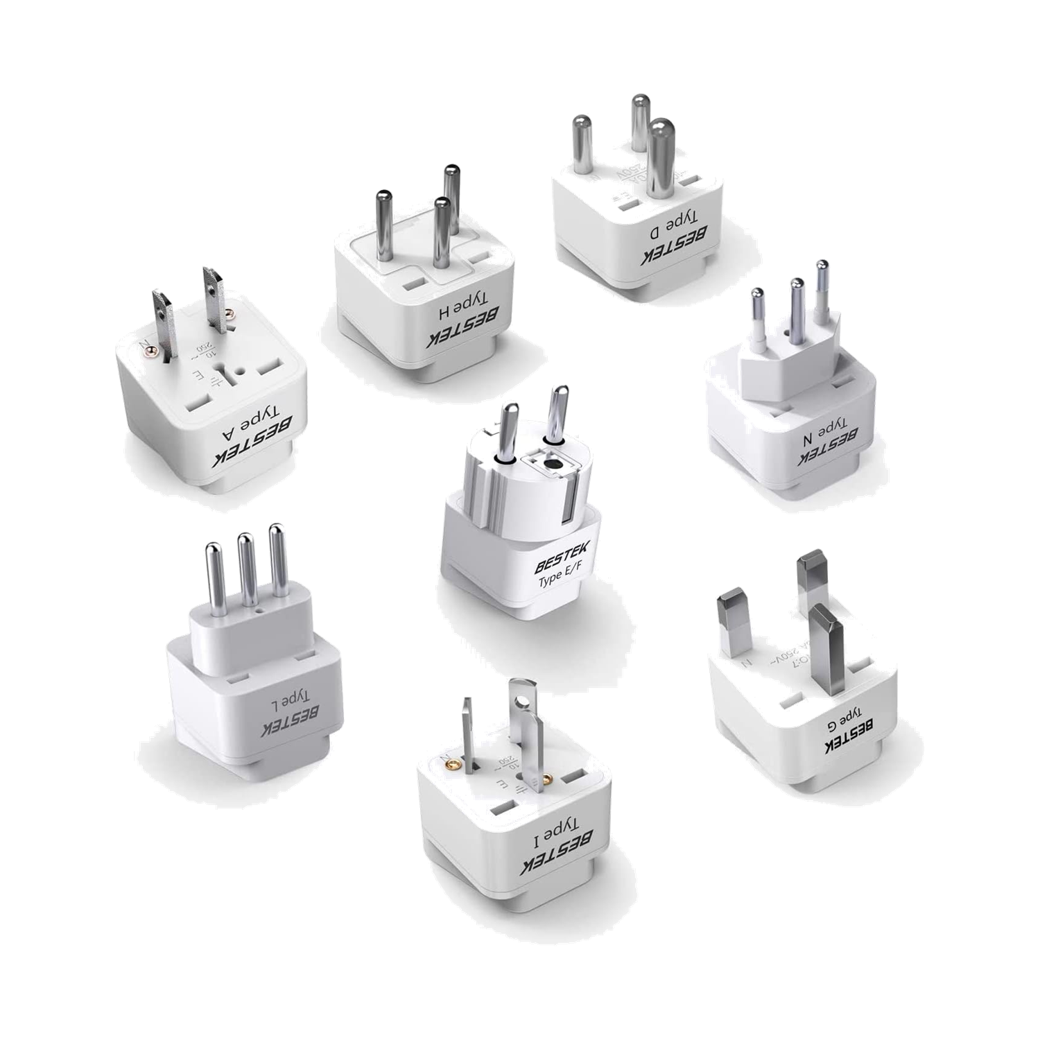 Eight white BESTEK travel plug adapters arranged to show their different pin shapes