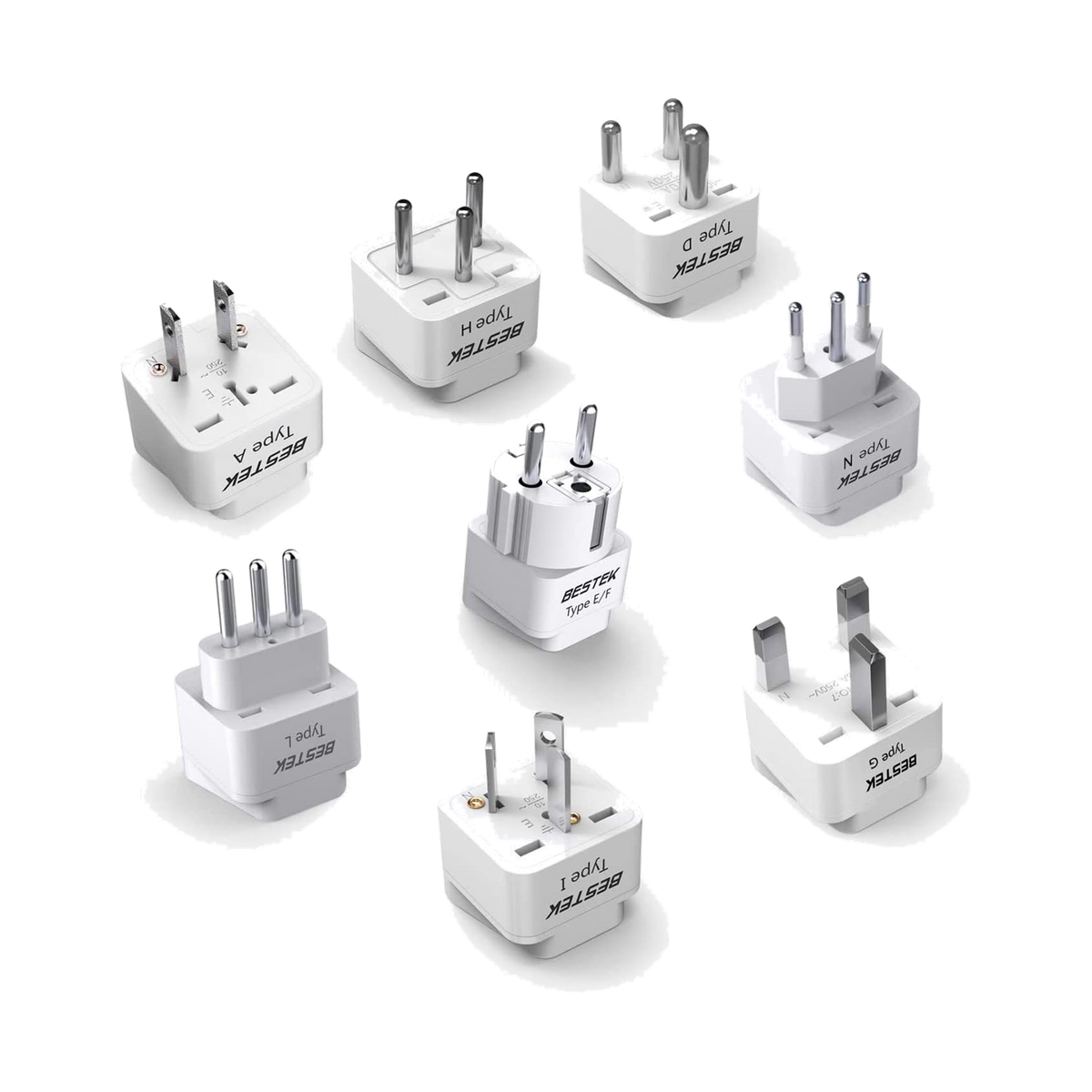Eight white BESTEK travel plug adapters arranged to show their different pin shapes