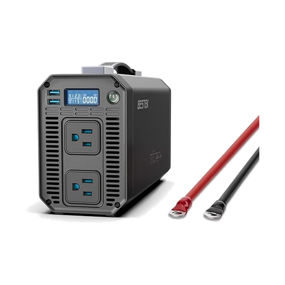 Gray BESTEK 1200W inverter with carrying handle, digital display and battery leads