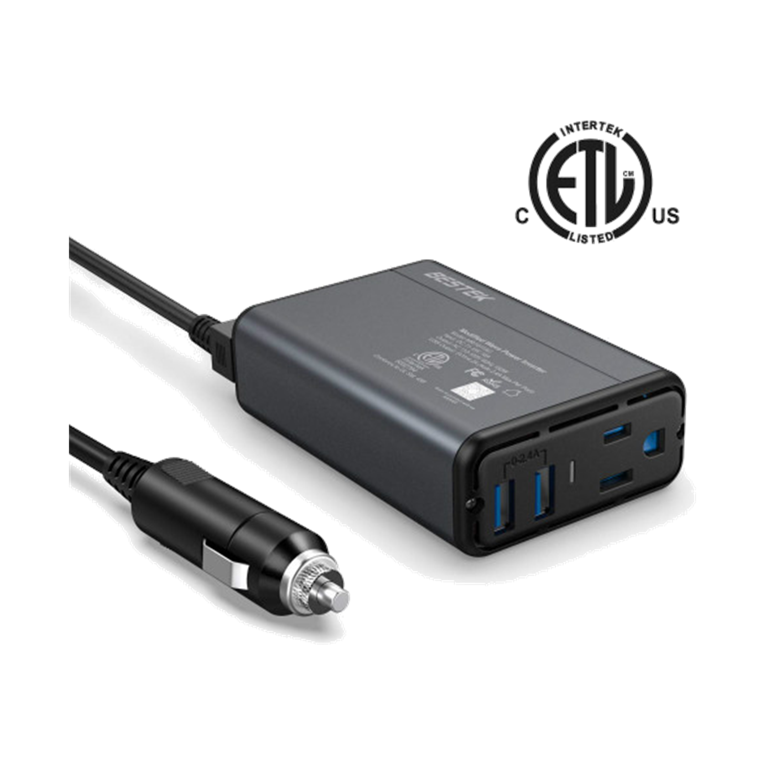 Gray BESTEK dual-USB 150W car inverter beside its cigarette-lighter power lead