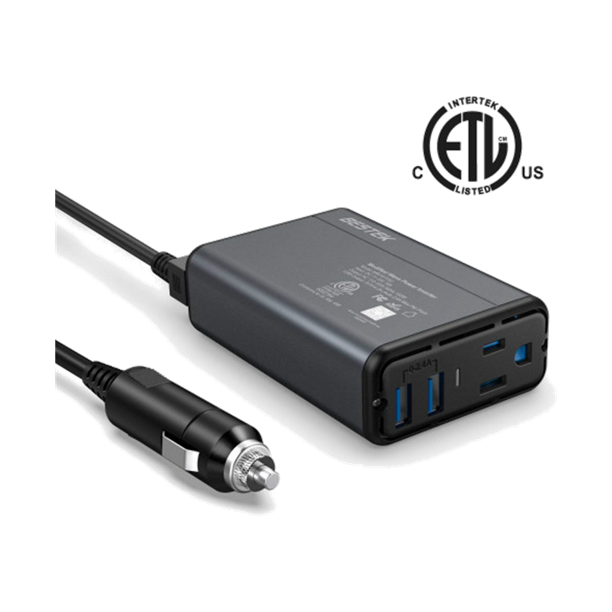 Gray BESTEK dual-USB 150W car inverter beside its cigarette-lighter power lead