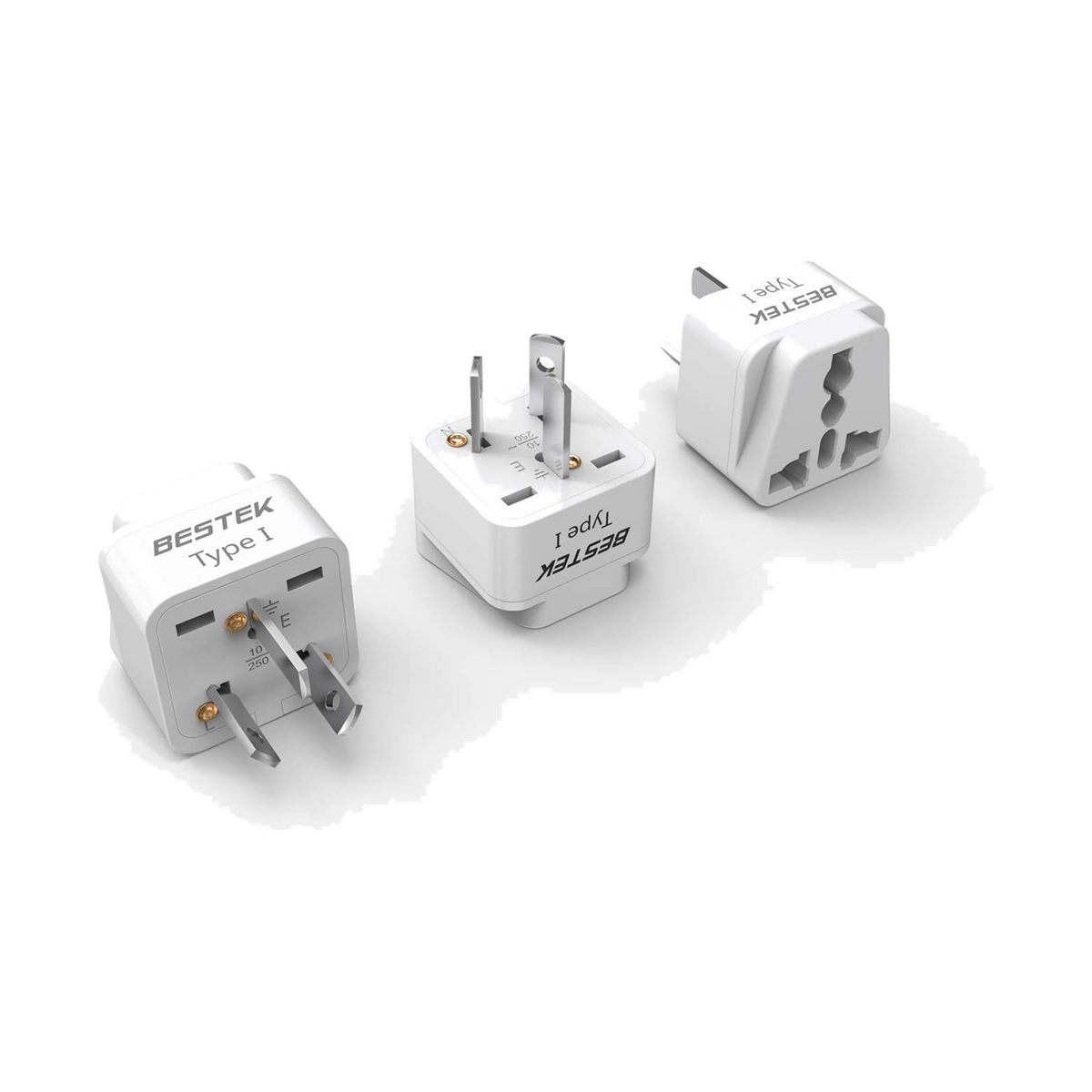 Three white BESTEK Type I travel plug adapters shown from different angles