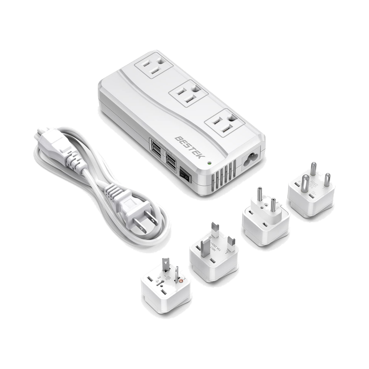 White BESTEK travel voltage converter with three AC outlets, four USB ports and plug kit