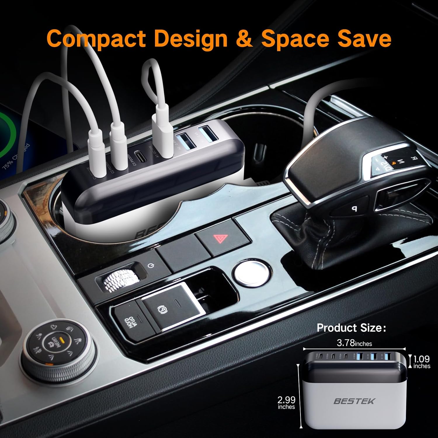 BESTEK 125W USB car charger — compact charger mounted beside a car console