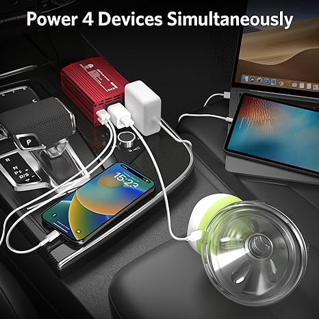 BESTEK 300W inverter — charging a laptop and phone inside a vehicle