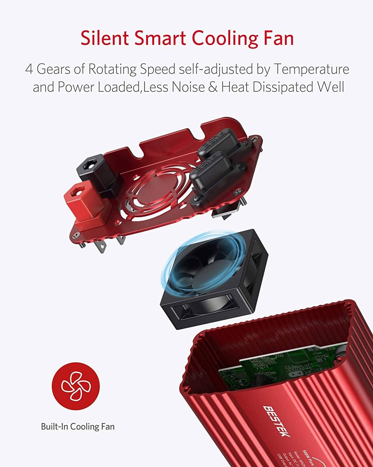 BESTEK 500W pure sine wave inverter — exploded rear view of the red cooling fan
