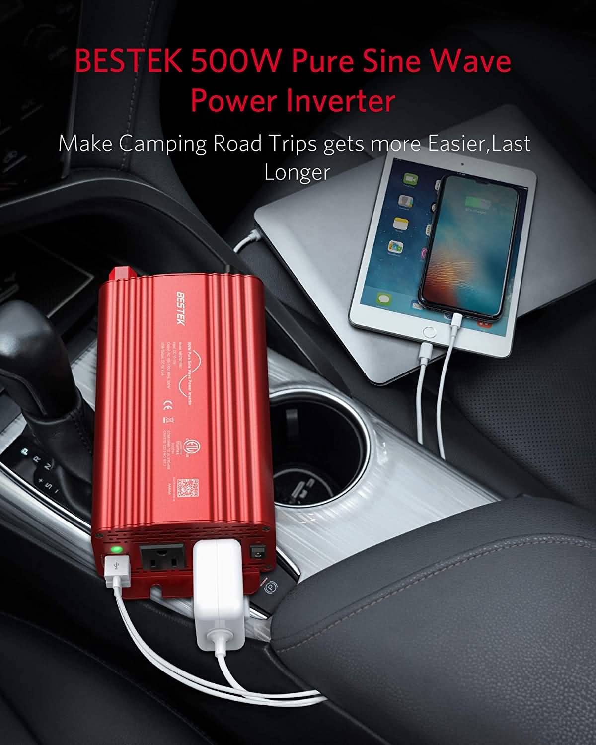 BESTEK 500W pure sine wave inverter — red inverter charging connected devices in a car