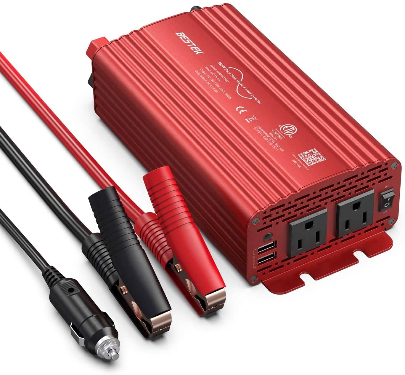 BESTEK 500W pure sine wave inverter — red inverter with car plug and battery clamps