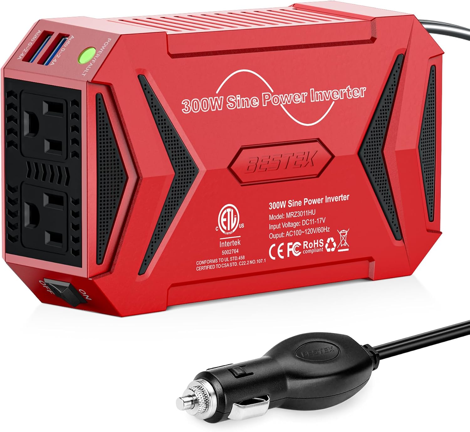 BESTEK MRZ3011HU pure sine wave inverter - red color with vehicle plug