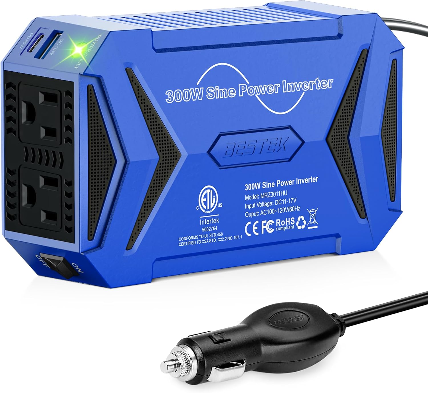 BESTEK pure sine wave inverter with USB-C and USB-A ports - blue color with vehicle plug
