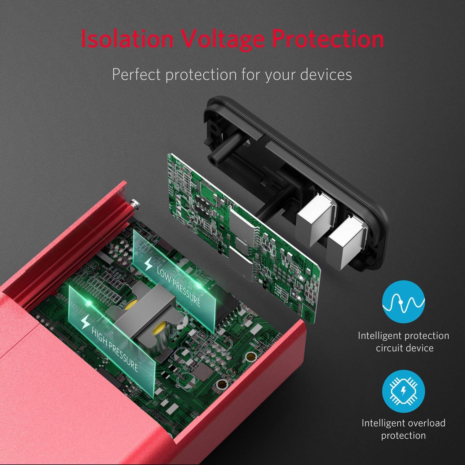 BESTEK 150W inverter — exploded view of the red housing and internal circuit