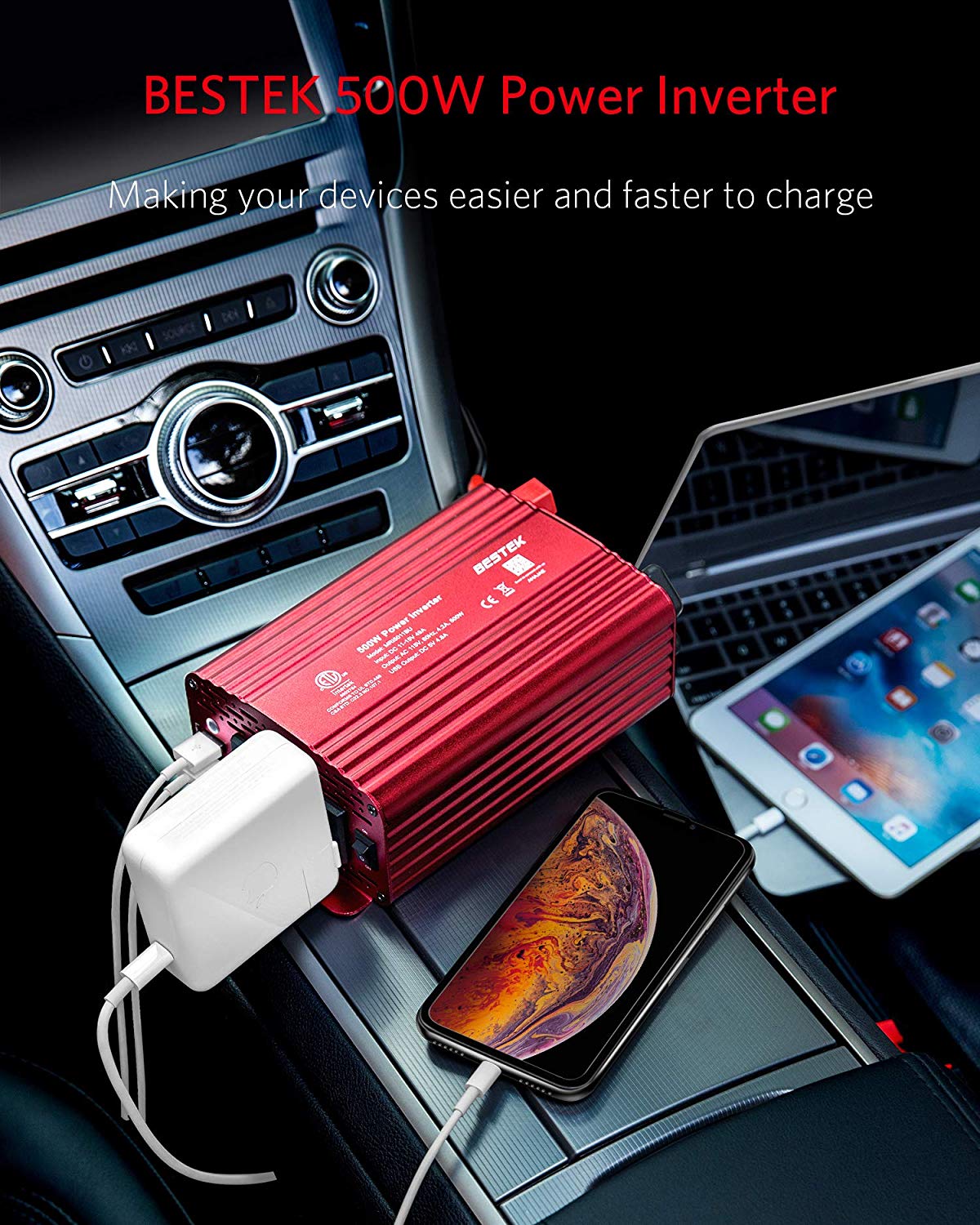 BESTEK 500W inverter — red inverter charging connected devices in a car