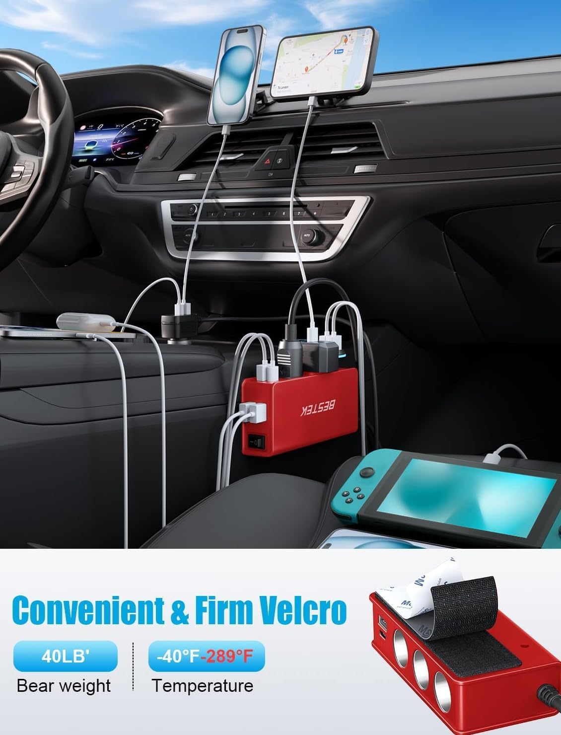 BESTEK 148W car socket splitter — red splitter mounted beside the car console