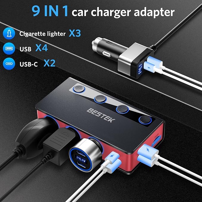 BESTEK 180W car socket splitter — red splitter showing three sockets and USB connections