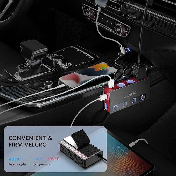 BESTEK 180W car socket splitter — red splitter mounted beside the car console