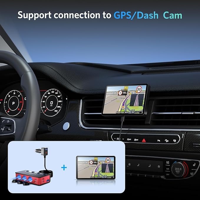 BESTEK 180W car socket splitter — red splitter and navigation-device connection examples