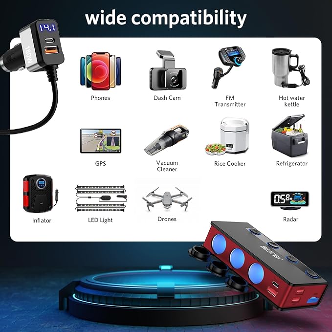 BESTEK 180W car socket splitter — red splitter with accessory-device examples