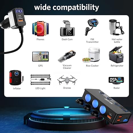 BESTEK 180W car socket splitter — black splitter with accessory-device examples