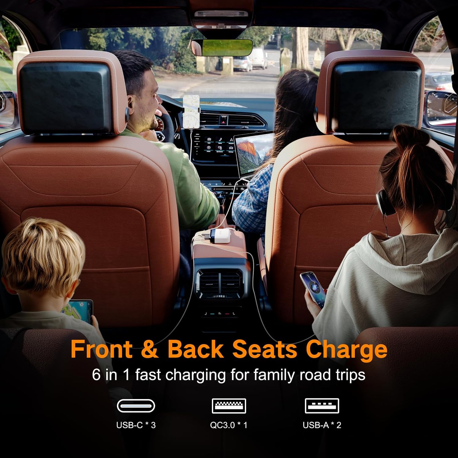 BESTEK 125W USB car charger — charger serving front and rear vehicle seats