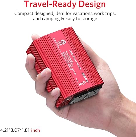 BESTEK 300W inverter — hand-held size and dimension illustration