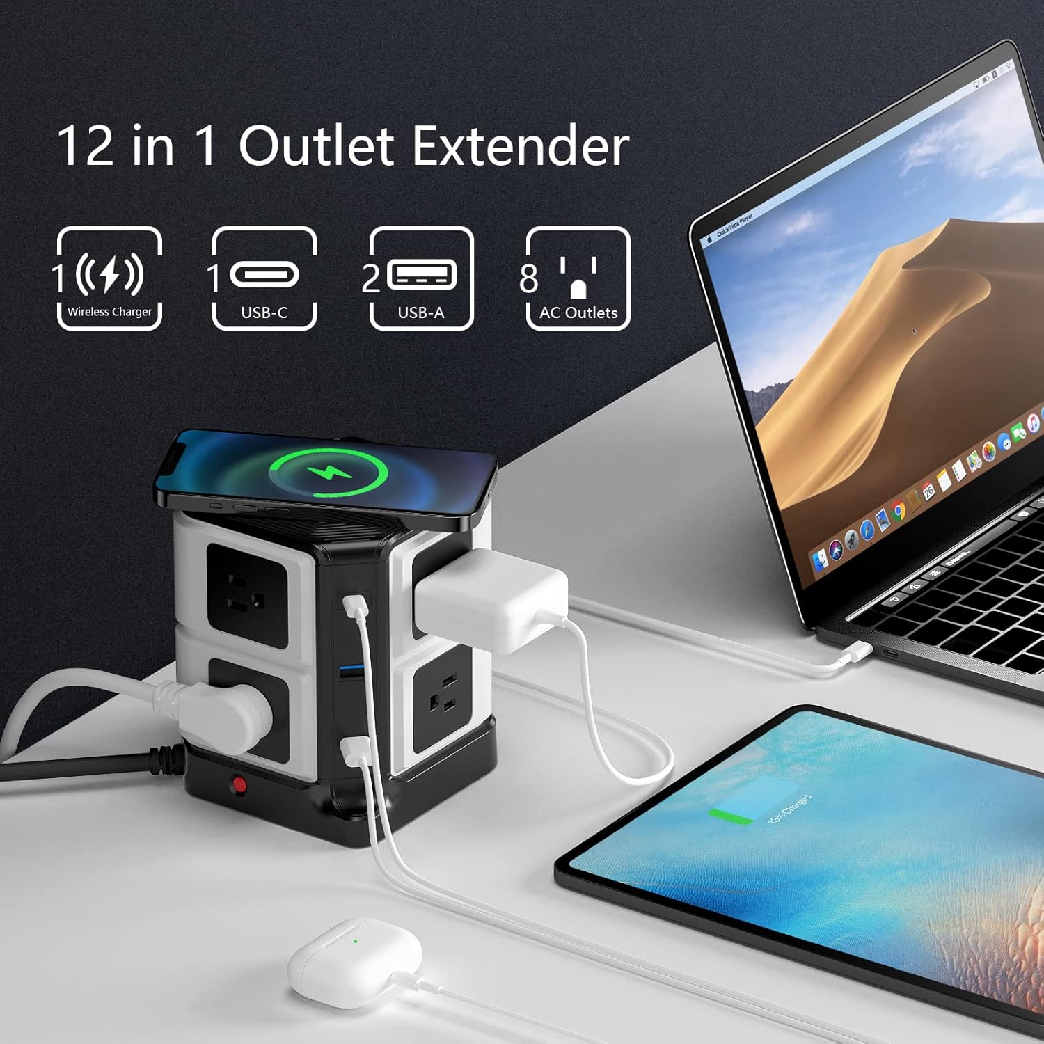 BESTEK power strip — AC, USB and wireless charging connections