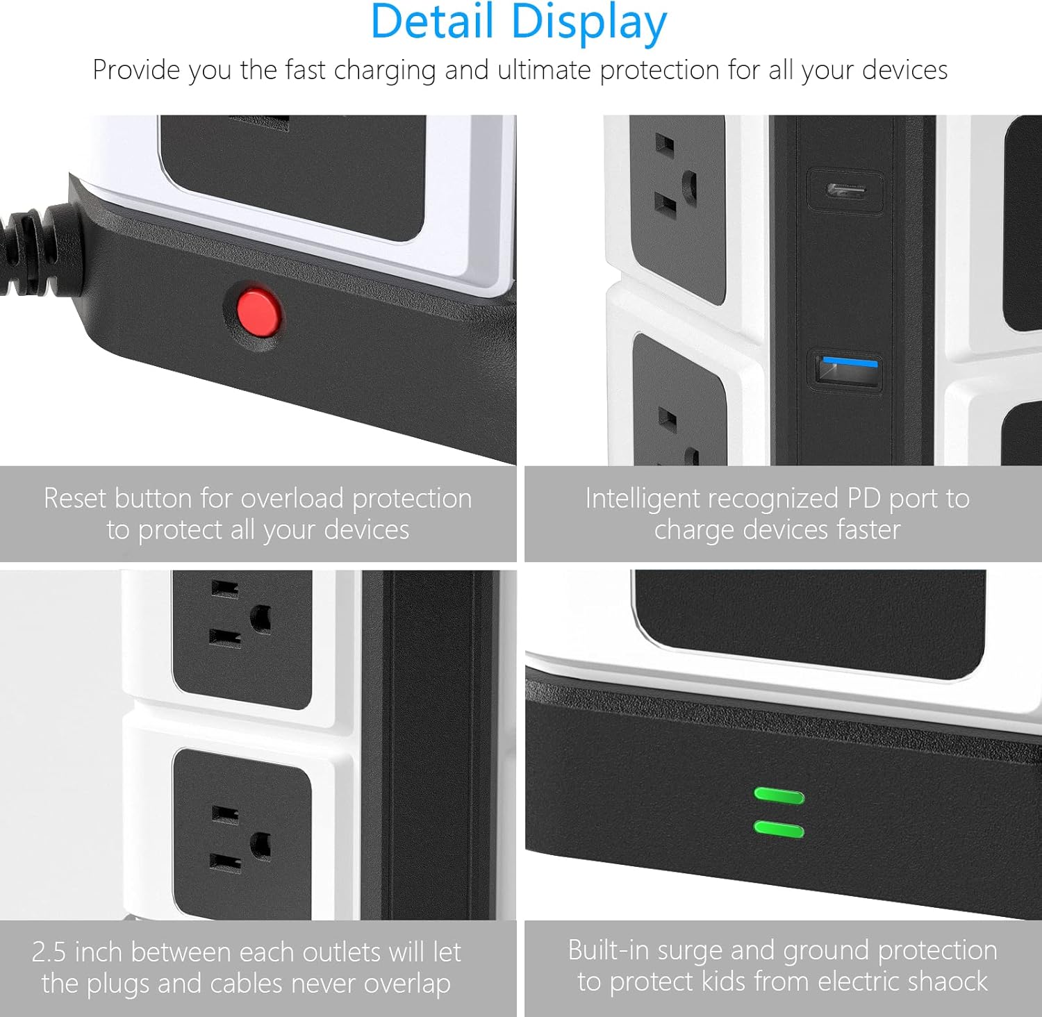 BESTEK power strip — close-ups of the switch, USB ports and outlets