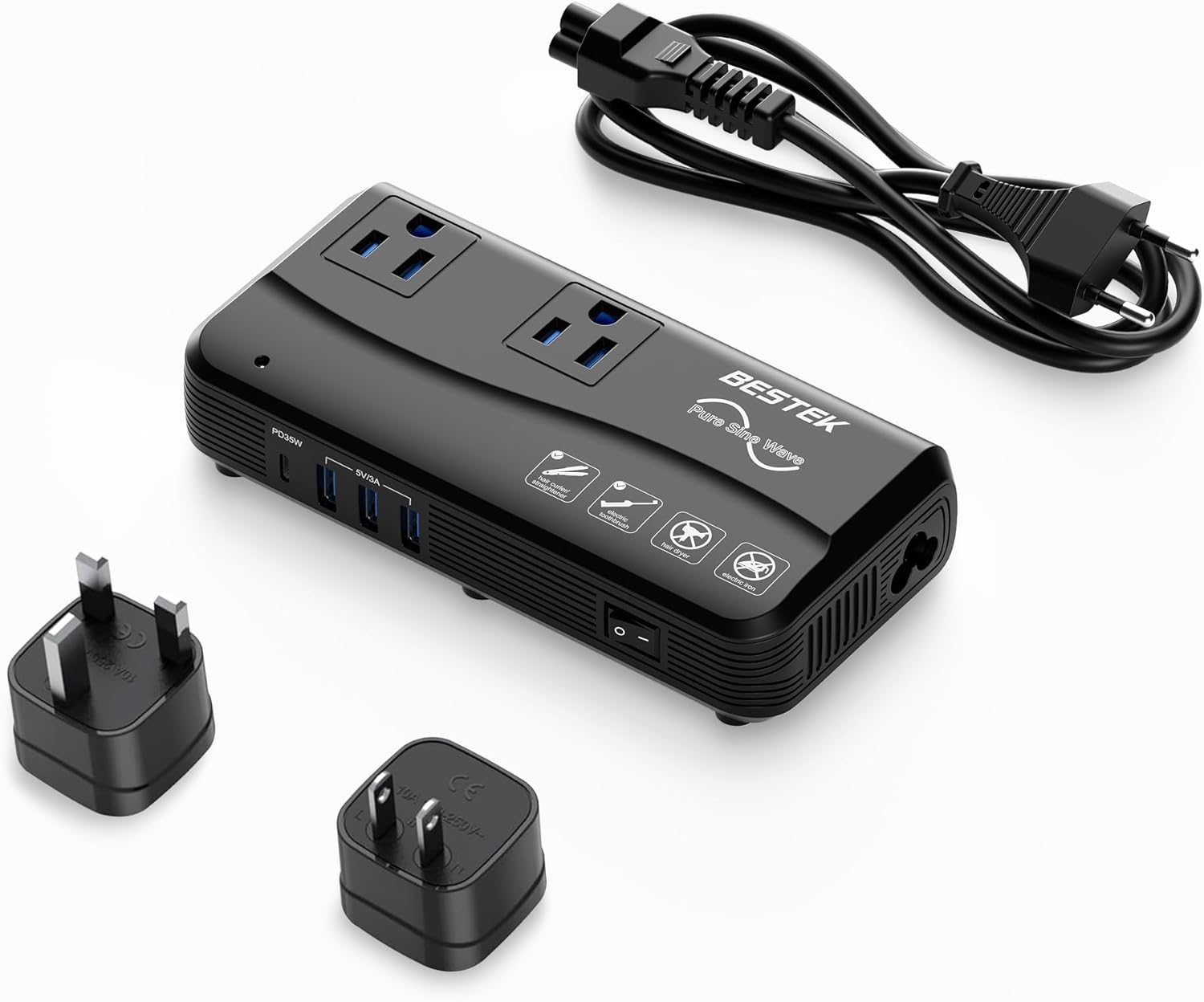 BESTEK 200W travel voltage converter — black converter with plug attachments