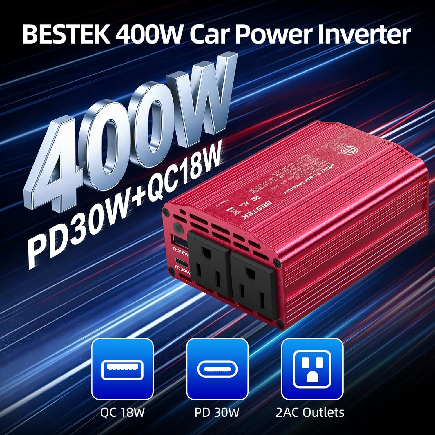 BESTEK 400W inverter — overview of the AC outlets and USB charging ports