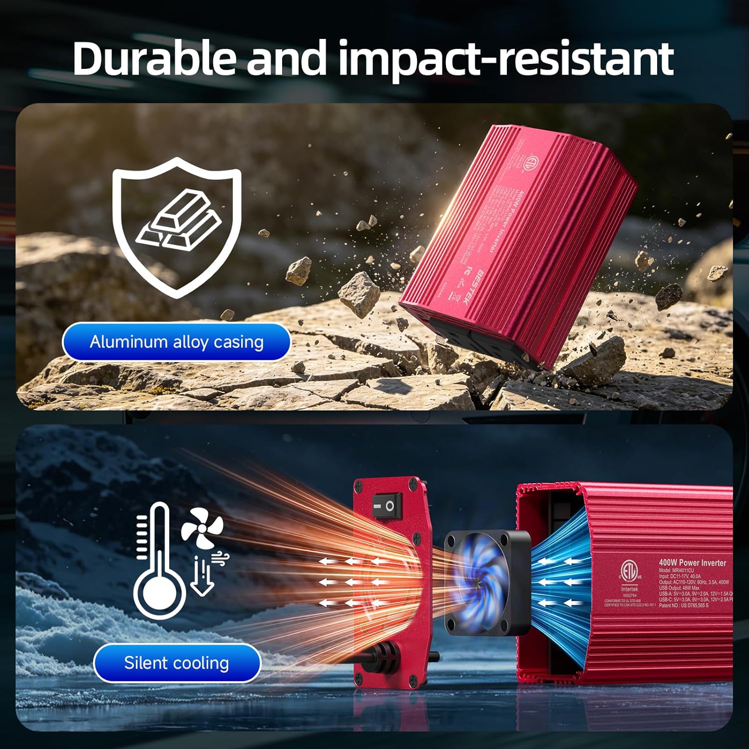 BESTEK 400W inverter — aluminum housing and cooling fan illustrations