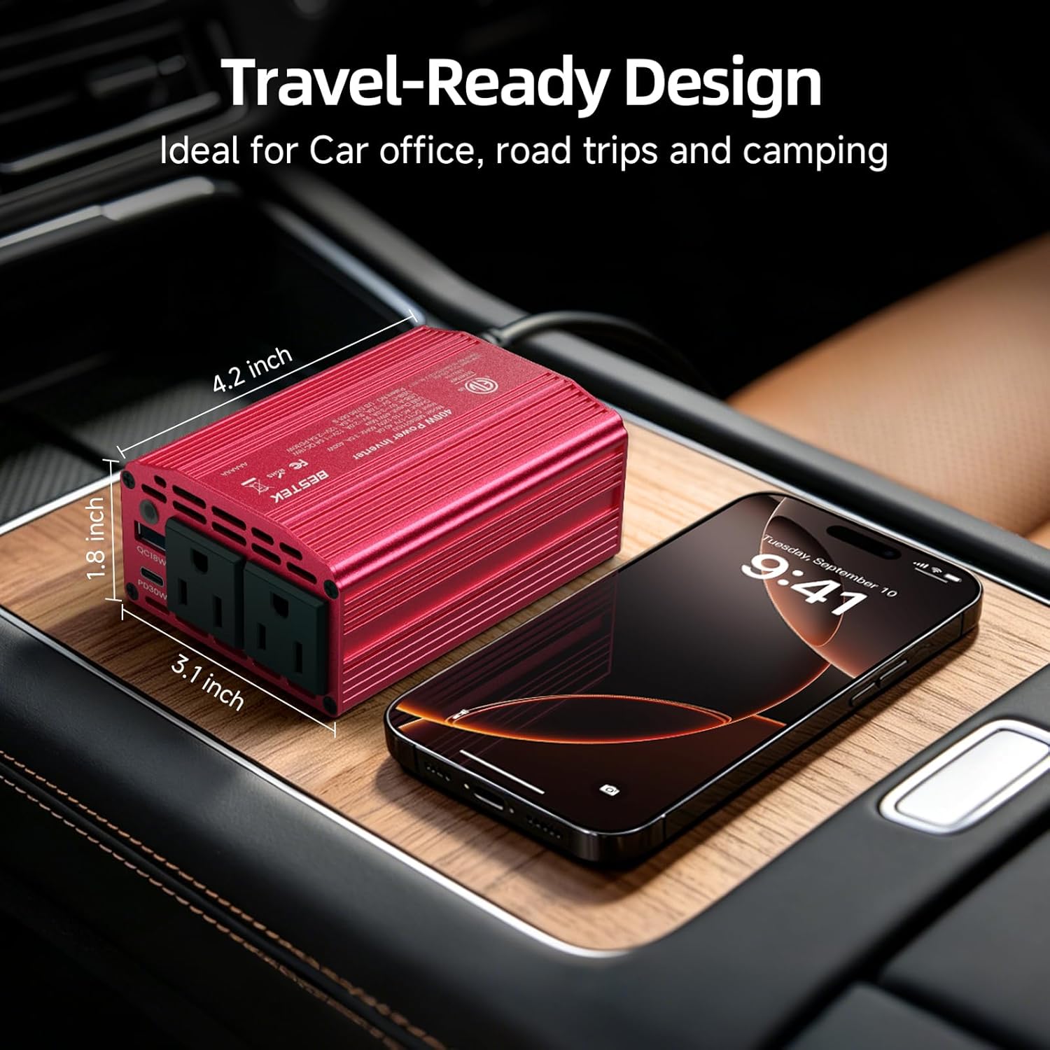 BESTEK 400W inverter — inverter and charging phone beside a car console
