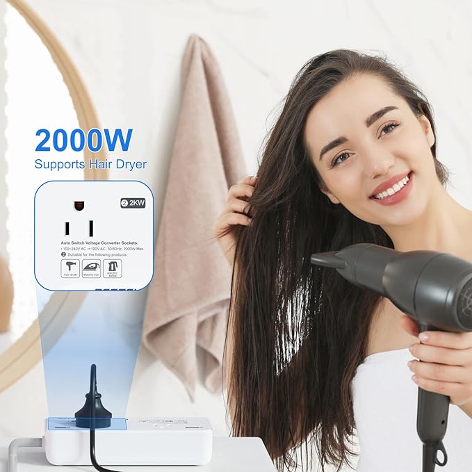 BESTEK 2000W travel voltage converter — hair-dryer connection shown at the marked outlet