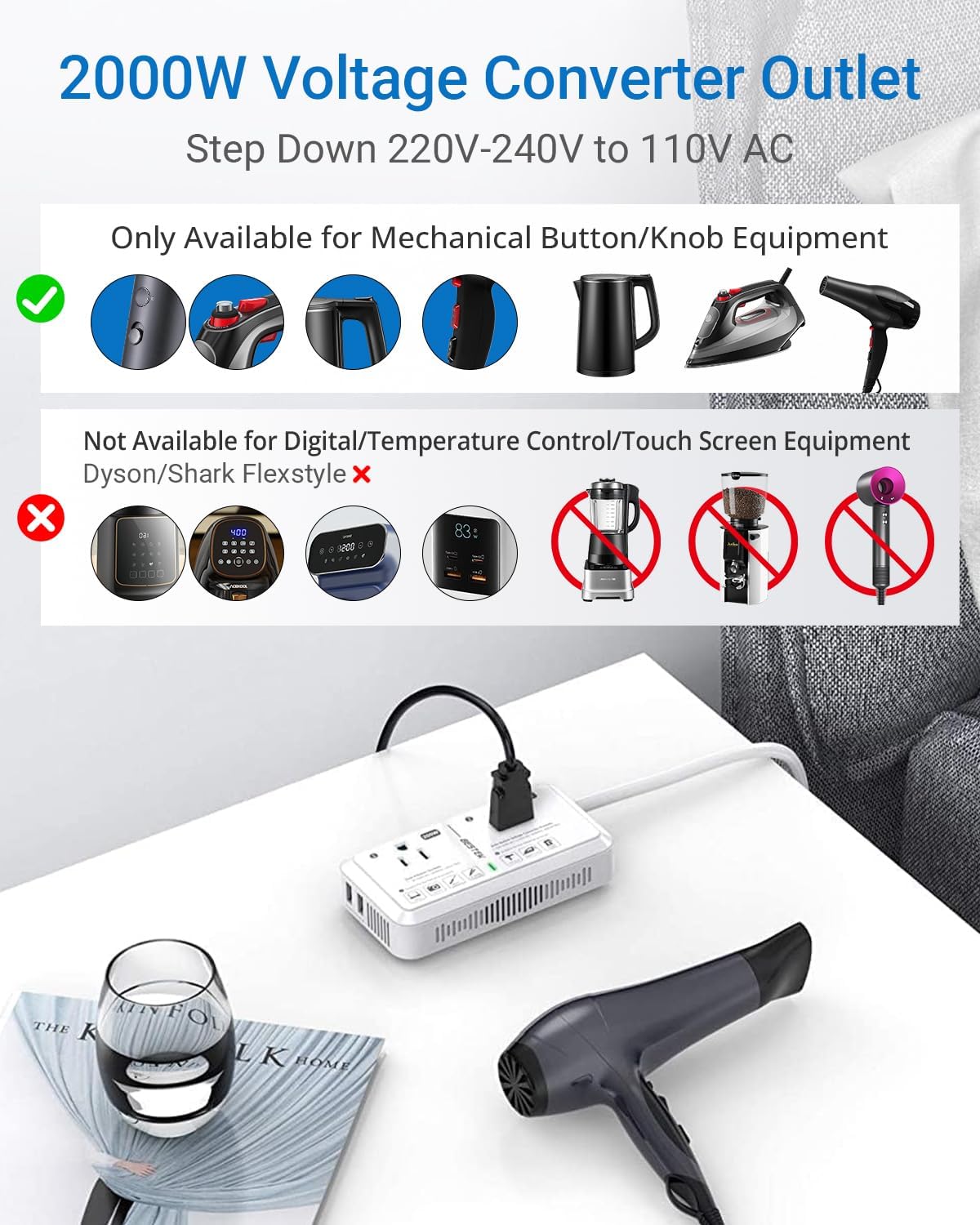BESTEK 2000W travel voltage converter — conversion outlet with appliance restrictions