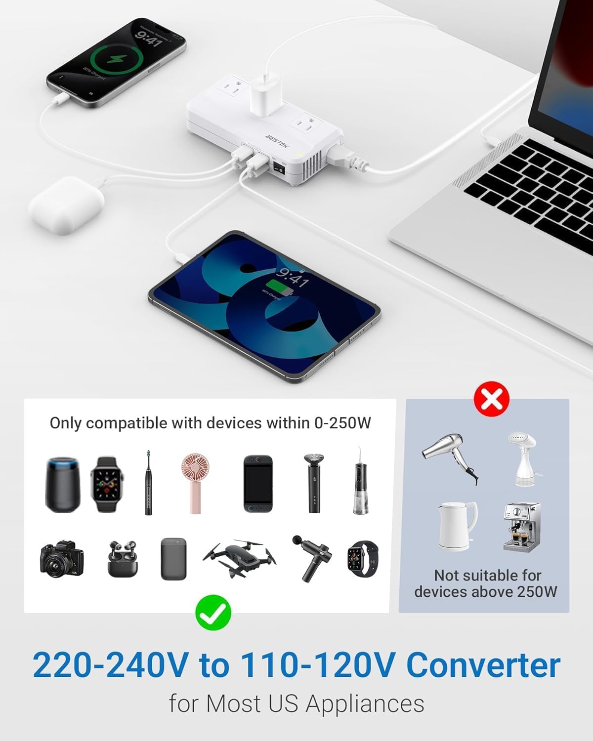 BESTEK 300W travel voltage converter — converter charging devices with output-load cautions