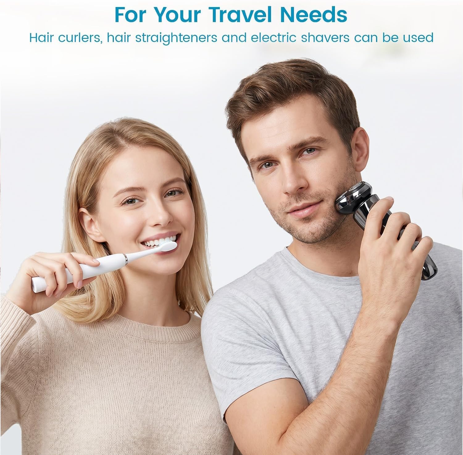 BESTEK power strip — hair-styling device illustration alongside the converter