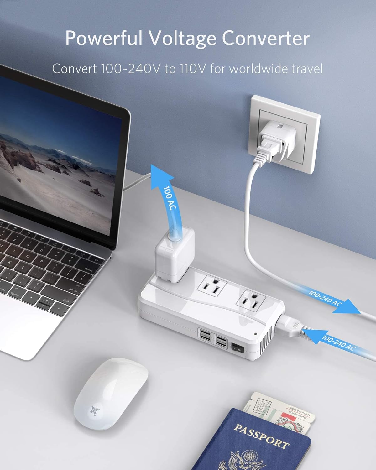 BESTEK power strip — converter charging devices on a travel desk