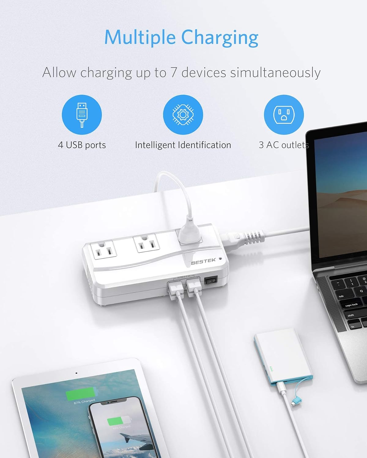 BESTEK power strip — multiple devices connected to AC and USB ports