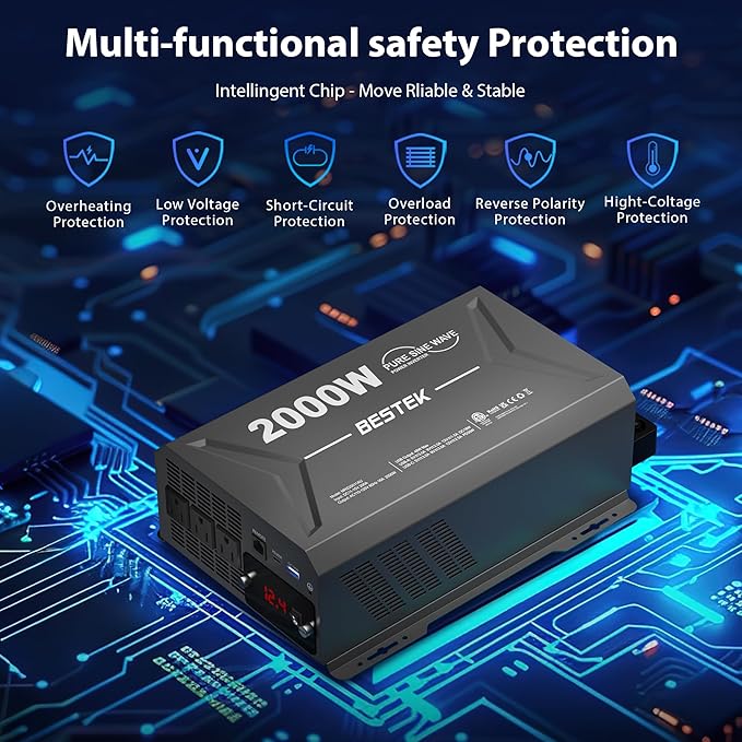 BESTEK 2000W pure sine wave inverter — diagram of the listed electrical protection functions