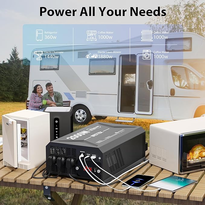 BESTEK 2000W pure sine wave inverter — battery-connected inverter in a campsite setup