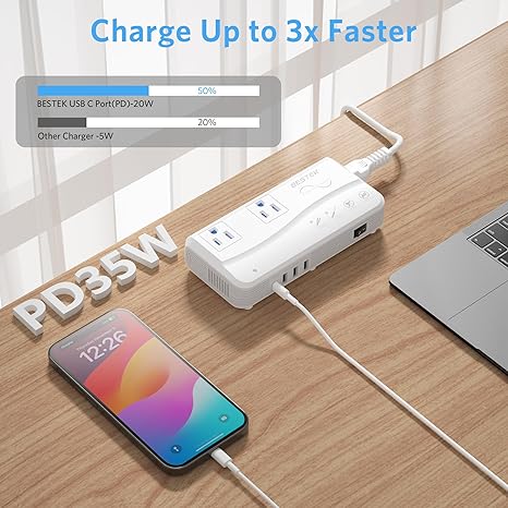 BESTEK 200W travel voltage converter — USB-C charging illustration beside a laptop
