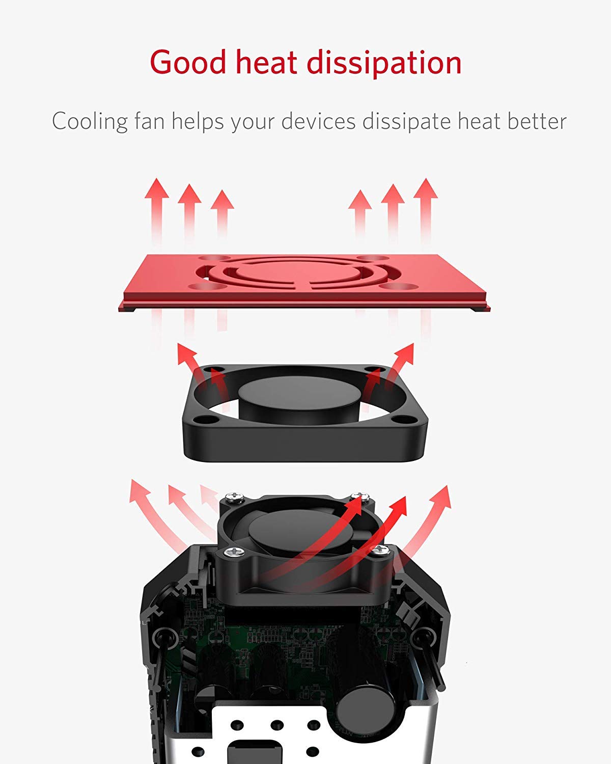 BESTEK 300W pure sine wave inverter — exploded view of the dual cooling-fan airflow